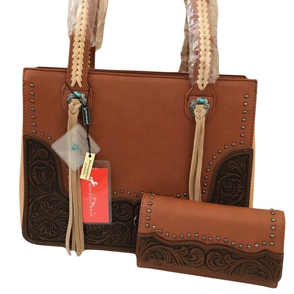 Montana West Tooled Concealed Carry Tote & Wallet Set Brown Western Studded - Picture 1 of 16